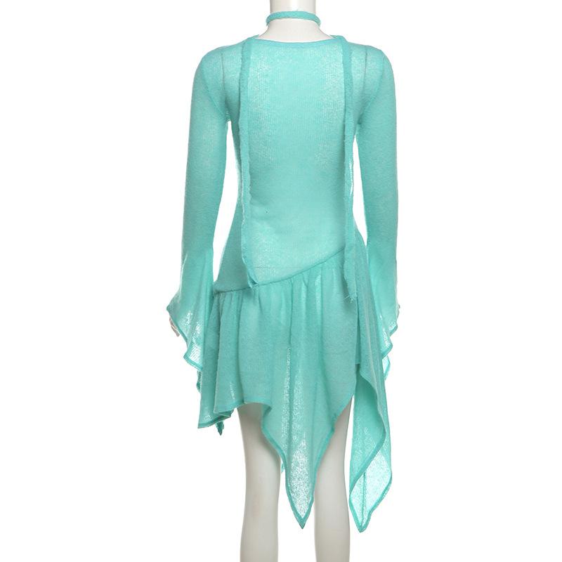 Long flared sleeve knitted ruffle mini dress