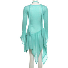 Long flared sleeve knitted ruffle mini dress