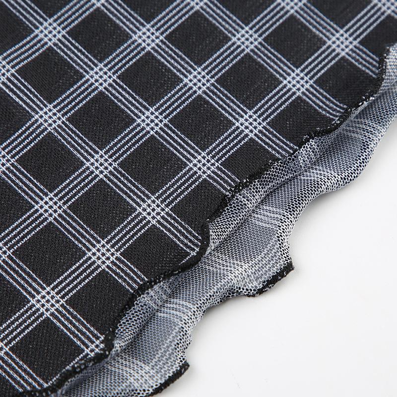 Short sleeve plaid lace hem bowknot mesh top