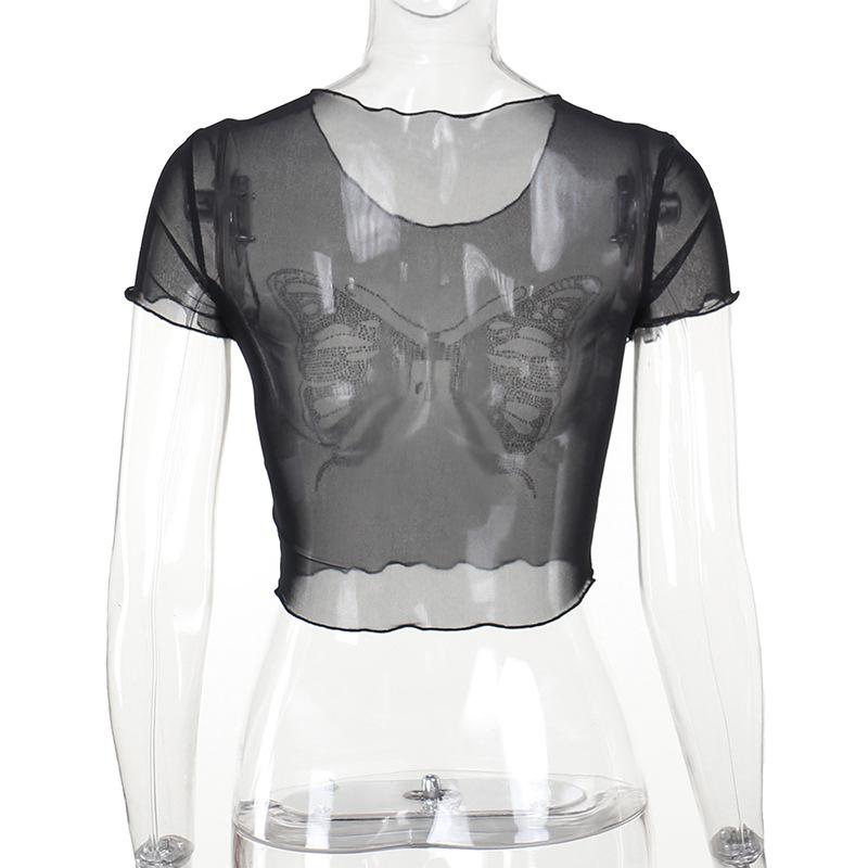Round neck short sleeve butterfly pattern beaded crop top