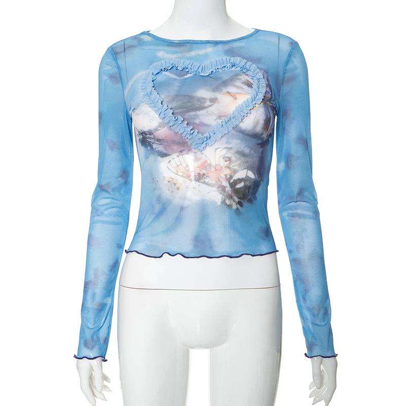 Long sleeve heart pattern ruffle sheer mesh top
