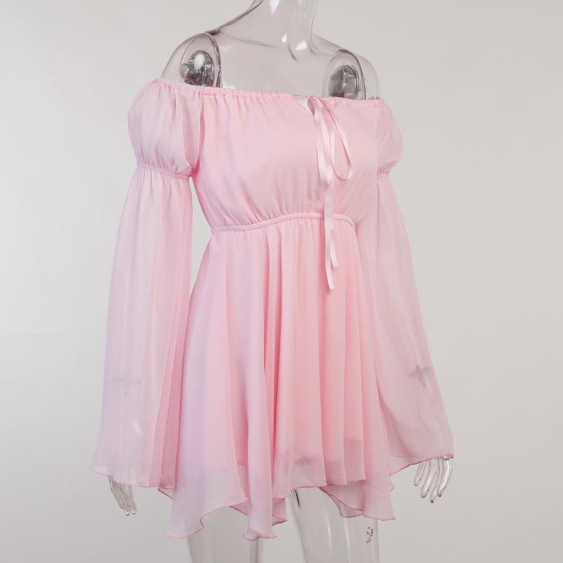 Off shoulder long flared self tie mini dress