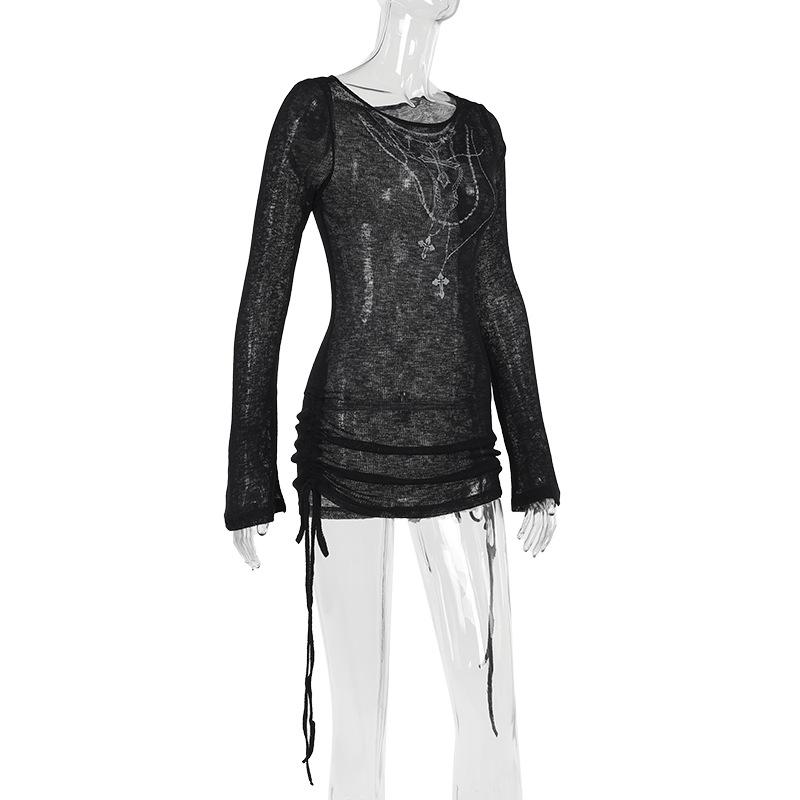 Long sleeve drawstring cross pattern knitted top