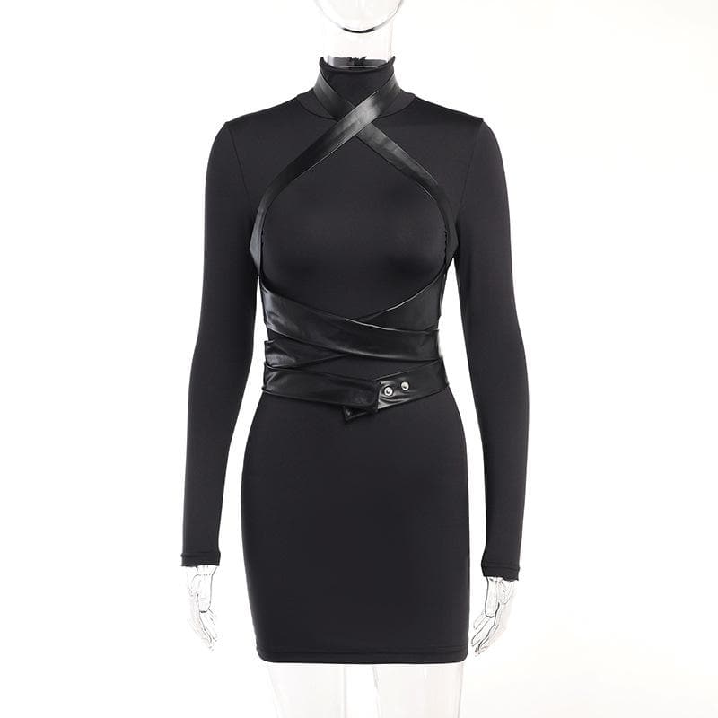 Long sleeve high neck cross front button zip-up mini dress  | black rave dress