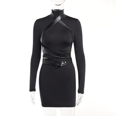 Long sleeve high neck cross front button zip-up mini dress  | black rave dress
