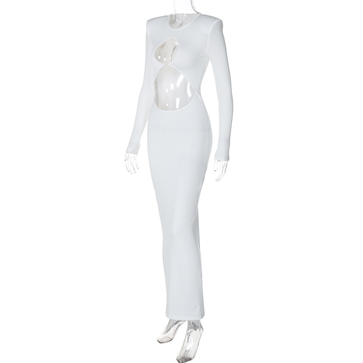 Long sleeve crewneck padded hollow out slit maxi dress