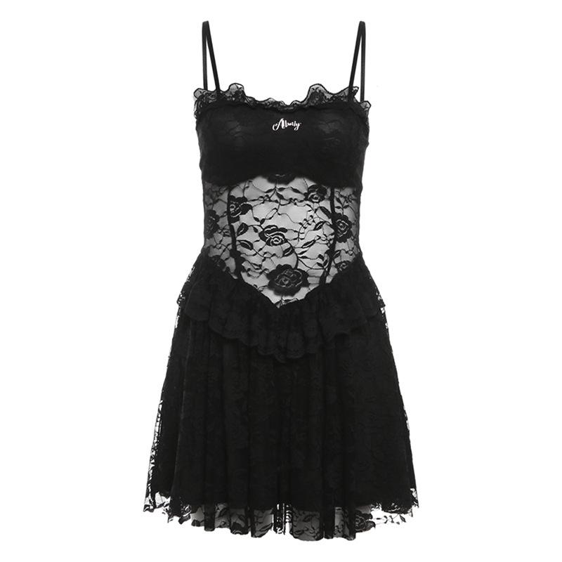 Sweetheart neck metal tag lace ruffle cami mini dress
