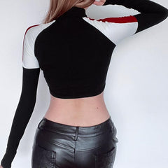 High neck contrast long sleeve "MOODYGIRL" pattern crop top