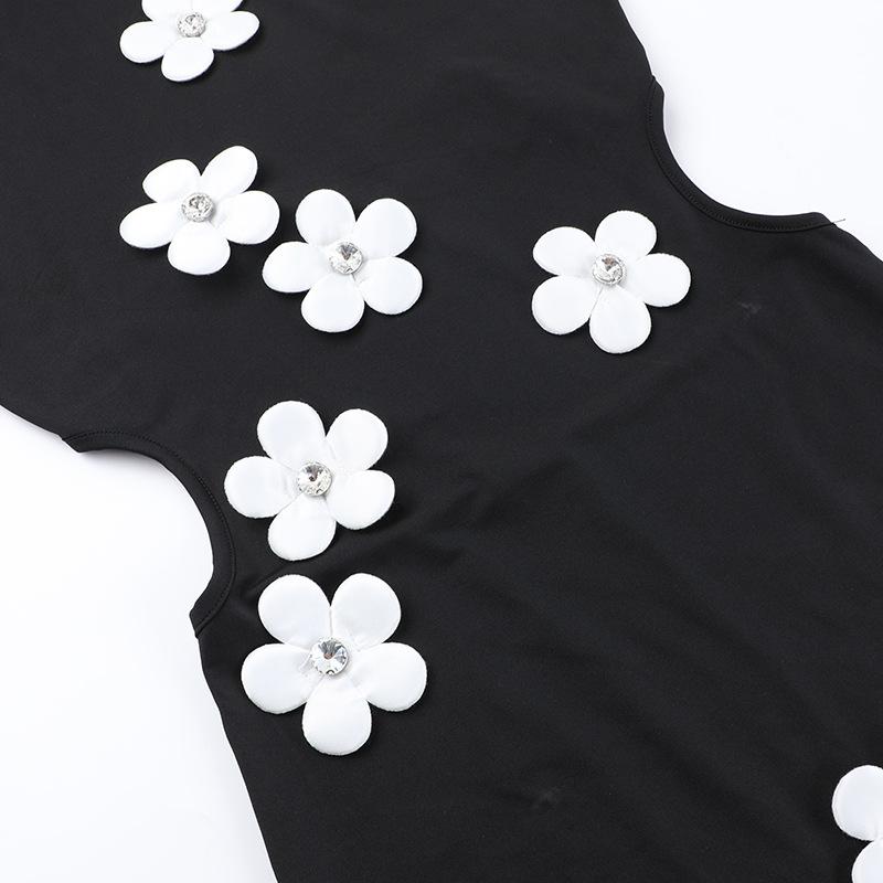 Sleeveless crewneck flower applique backless midi dress