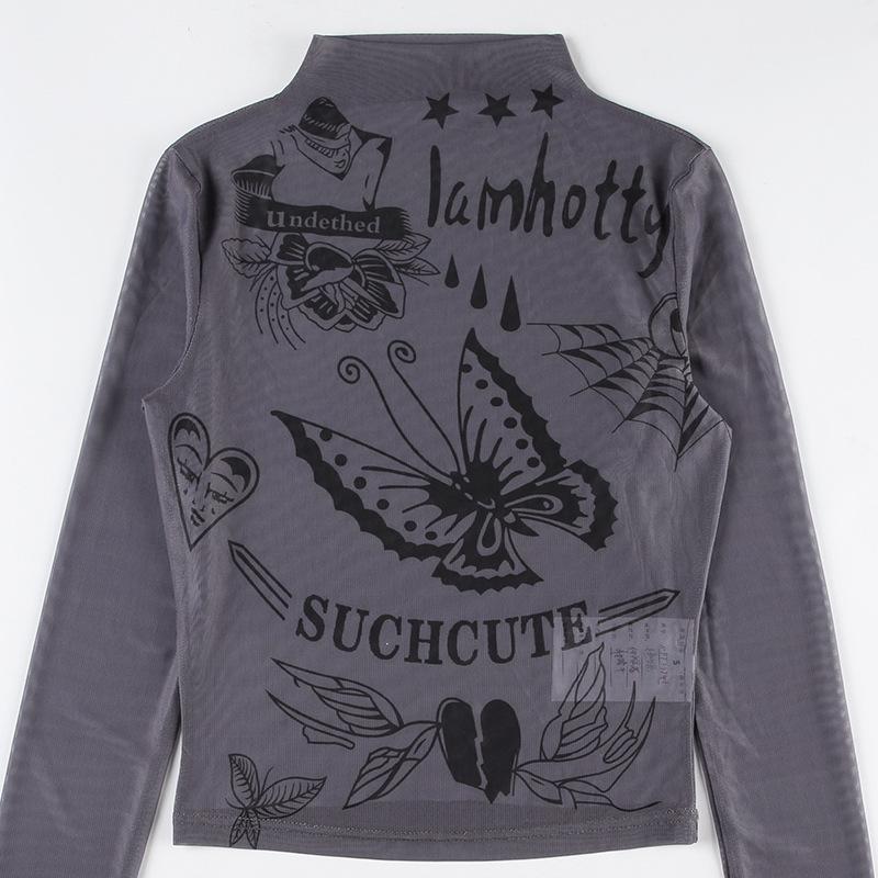 High neck long sleeve mesh butterfly print top