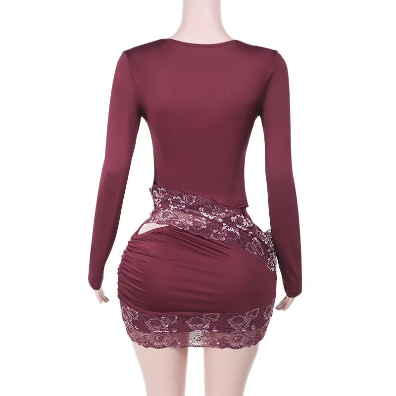 Long sleeve o ring lace hollow out mini dress