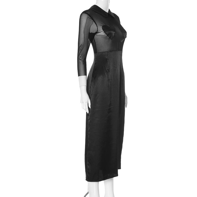 Turnover collar long sleeve sweetheart pattern mesh maxi dress