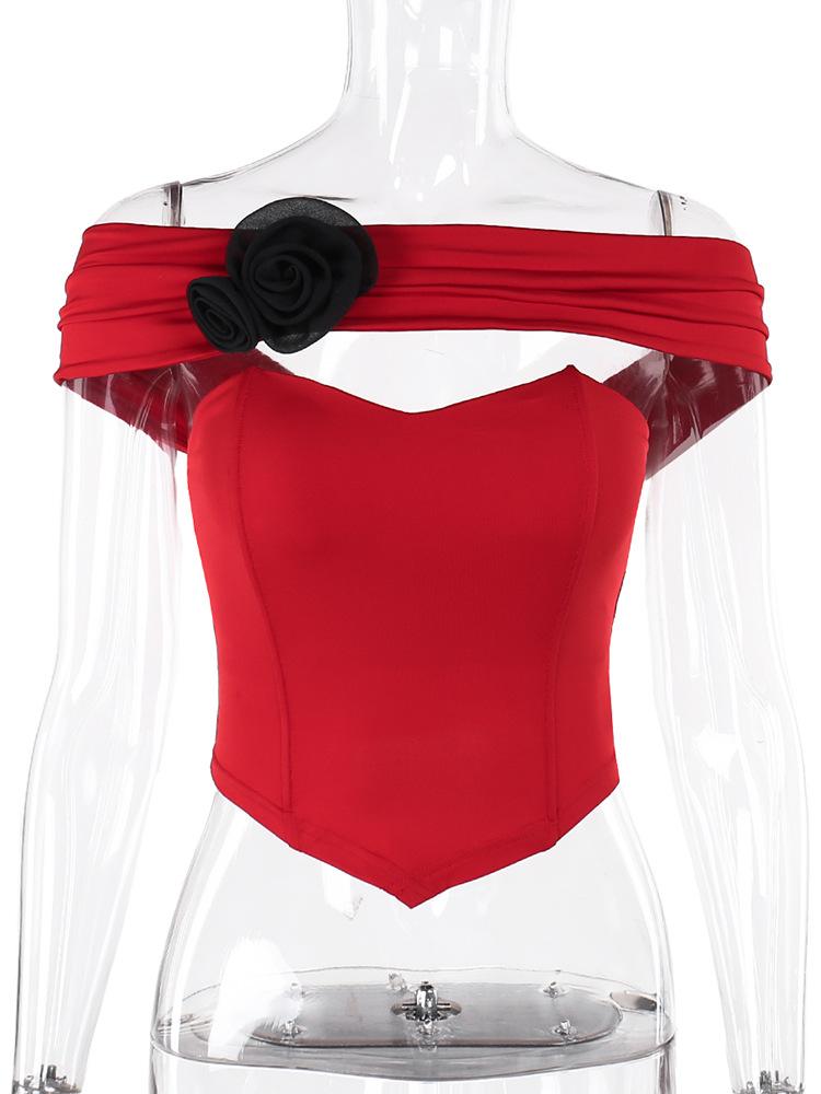 Off shoulder flower applique bustier top