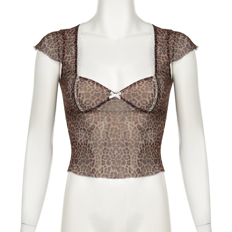 Leopard print short sleeve bowknot mesh top