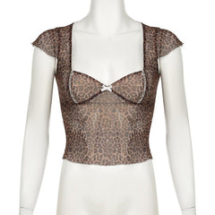 Leopard print short sleeve bowknot mesh top