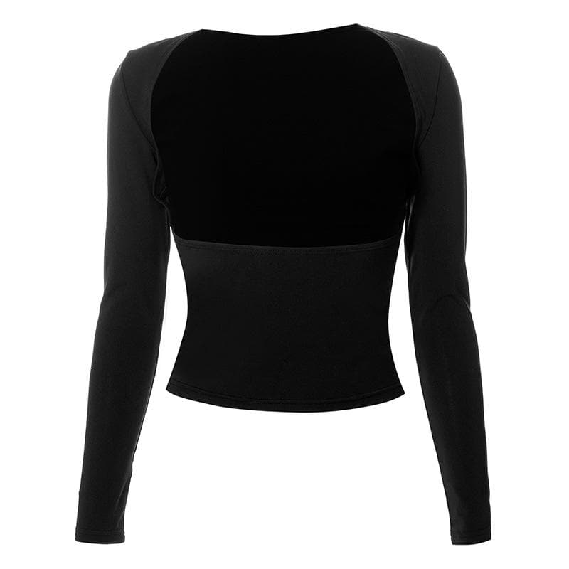 Hollow out solid long sleeve backless cut out top