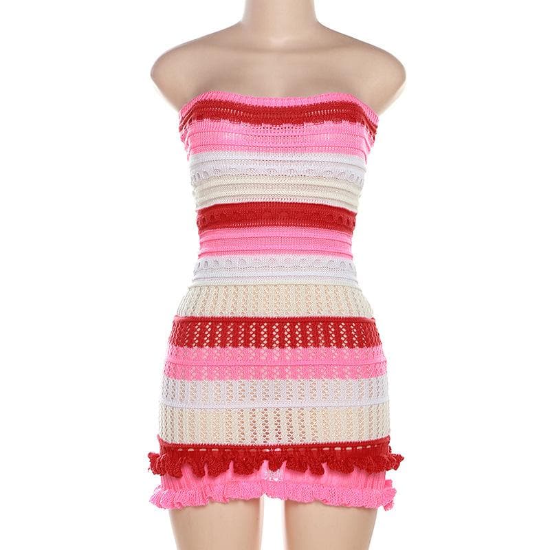 Backless ruffle contrast striped crochet tube dress  | red tango dress