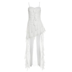 Ruched mesh ruffle sweetheart neck cami maxi dress