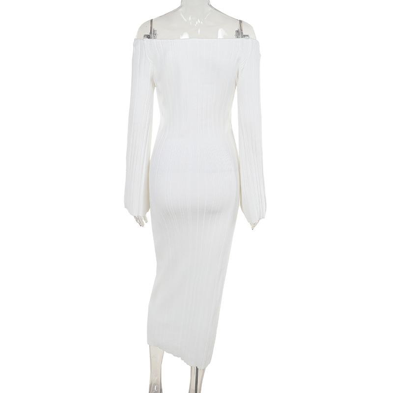 Off shoulder long sleeve knitted solid maxi dress