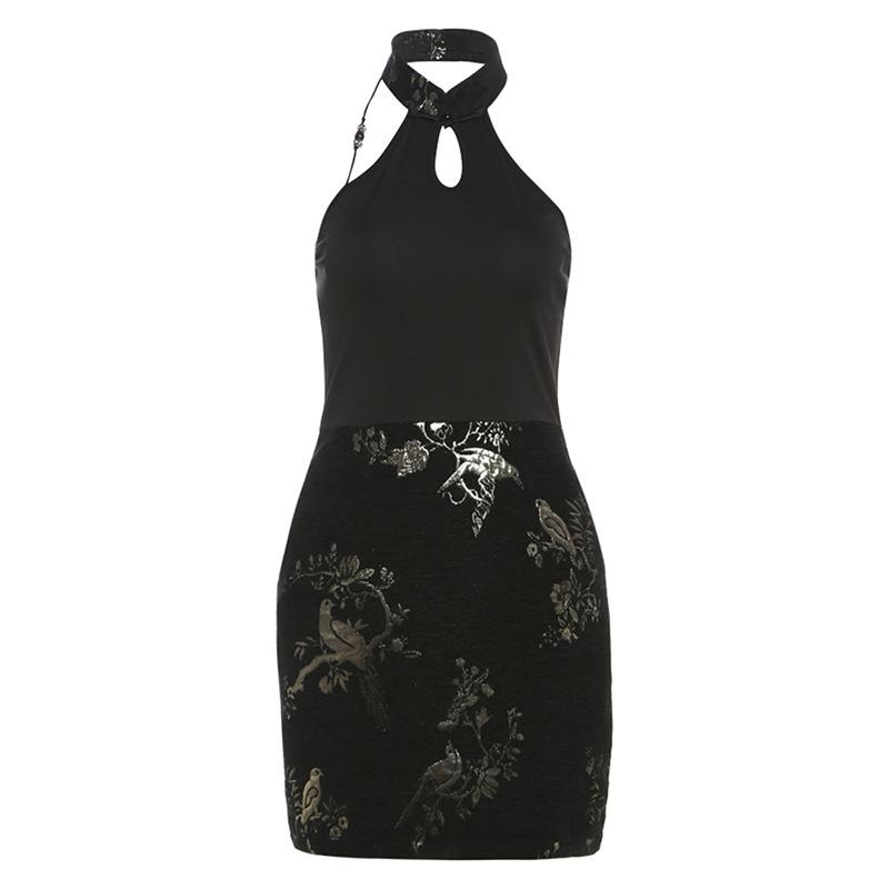 Halter print backless beaded button mini dress