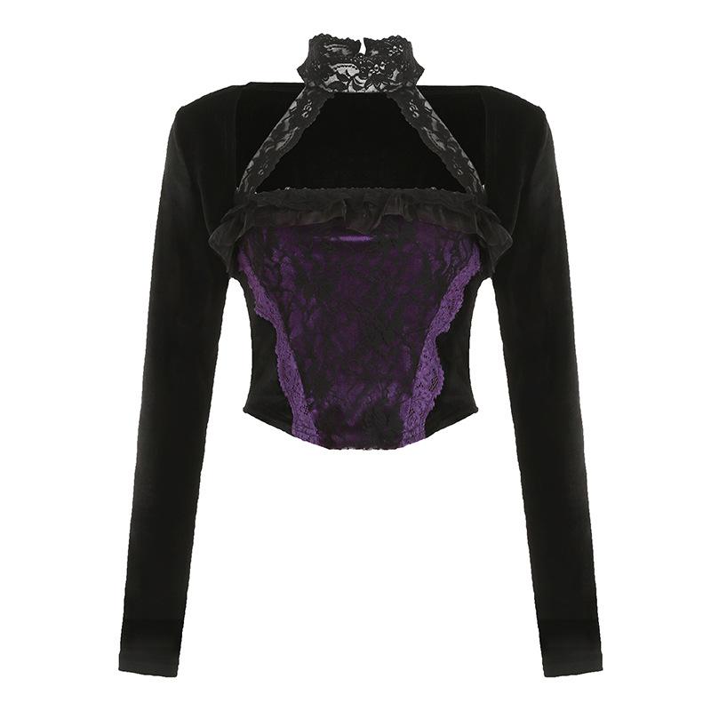 Halter long sleeve velvet lace hem 2 piece top