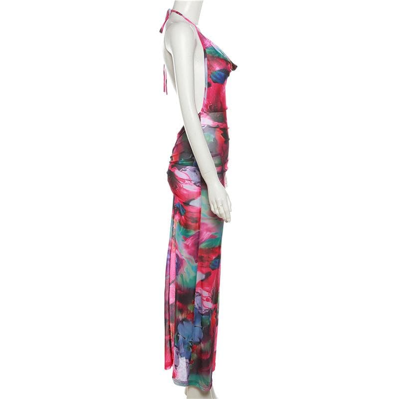 Ruched halter sheer mesh see through backless cowl neck contrast maxi dress  | samba dress
