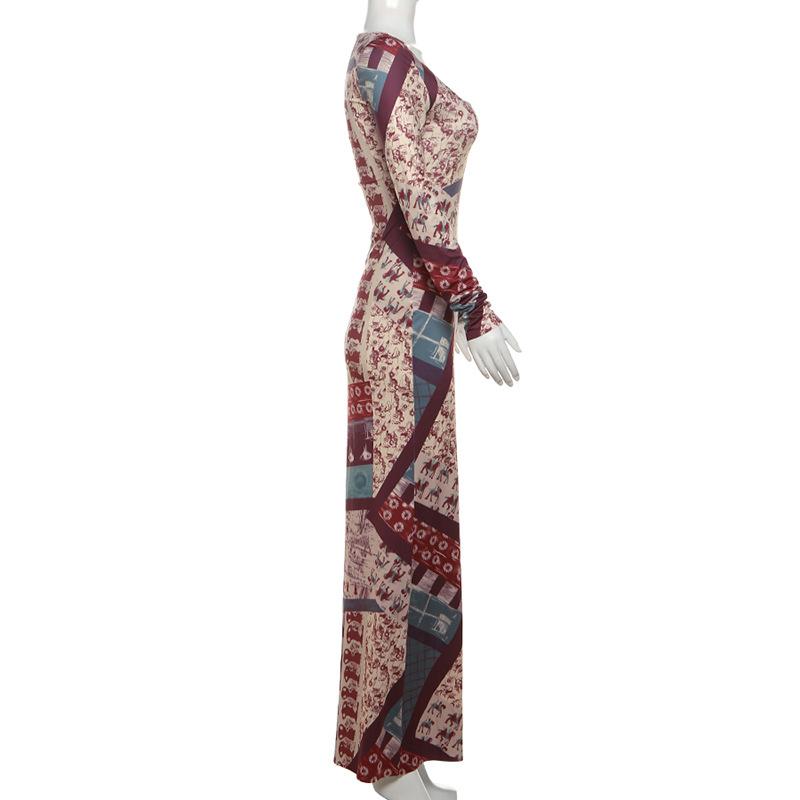 Long sleeve abstract print maxi dress