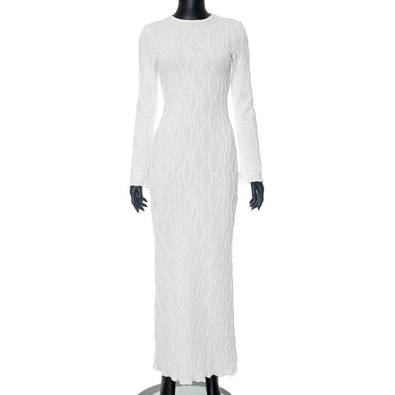 Long sleeve crewneck textured ruffle maxi dress