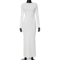 Long sleeve crewneck textured ruffle maxi dress