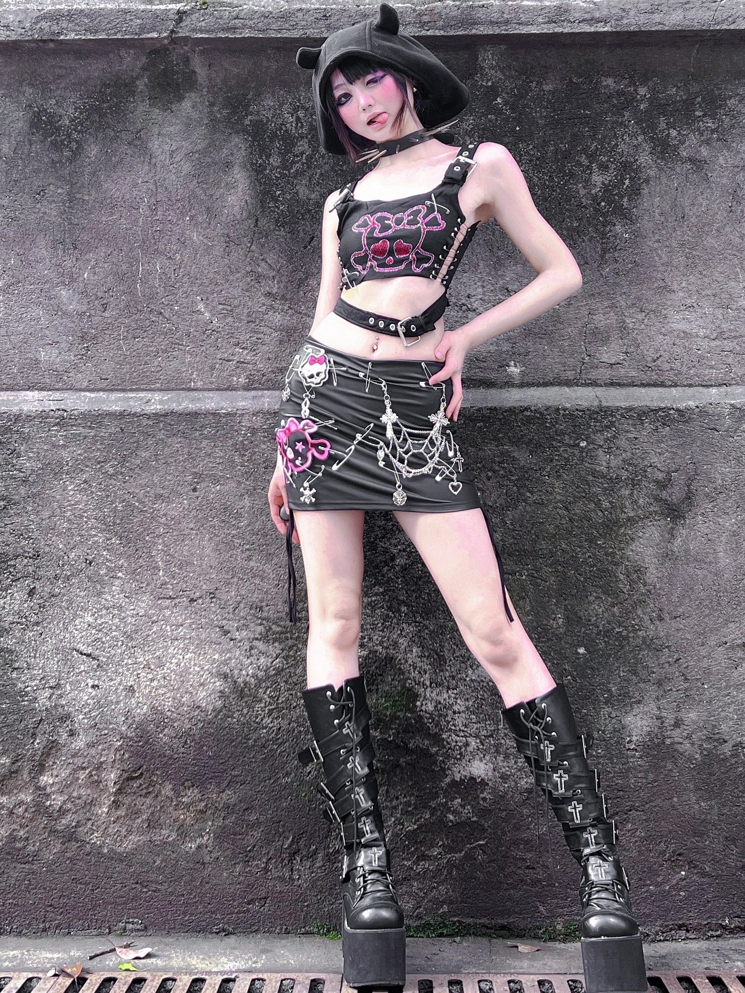 Skull pattern beaded drawstring buckle mini skirt set