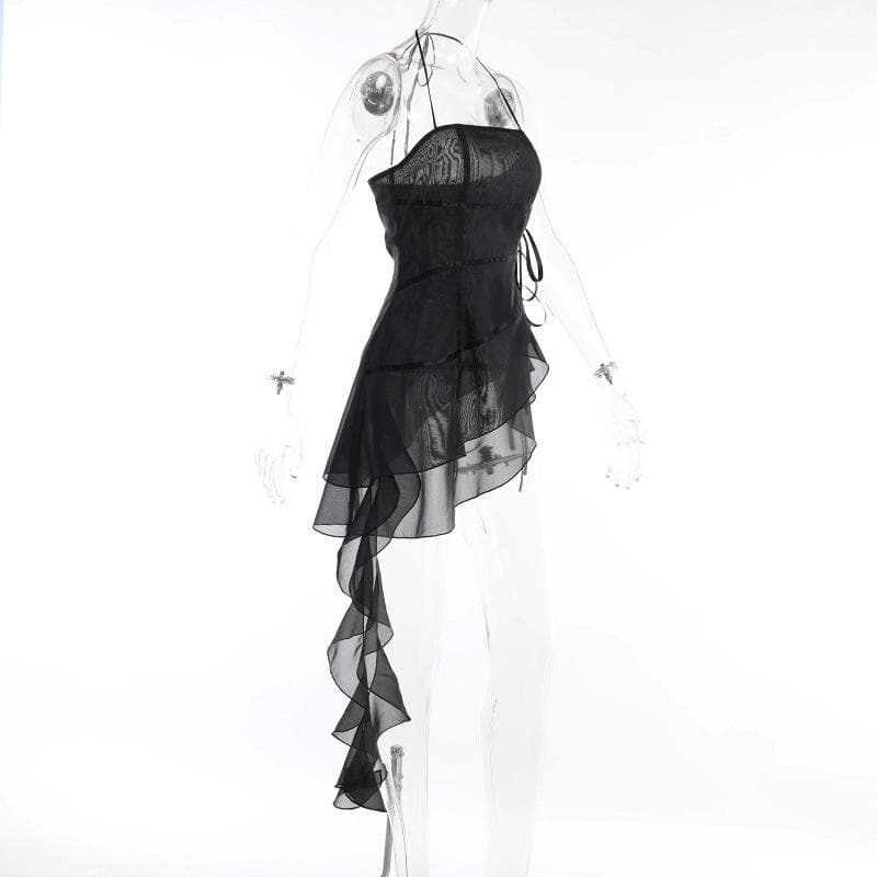 Halter ruffle irregular ribbon sheer mesh mini dress  | samba dress
