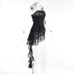 Halter ruffle irregular ribbon sheer mesh mini dress  | samba dress