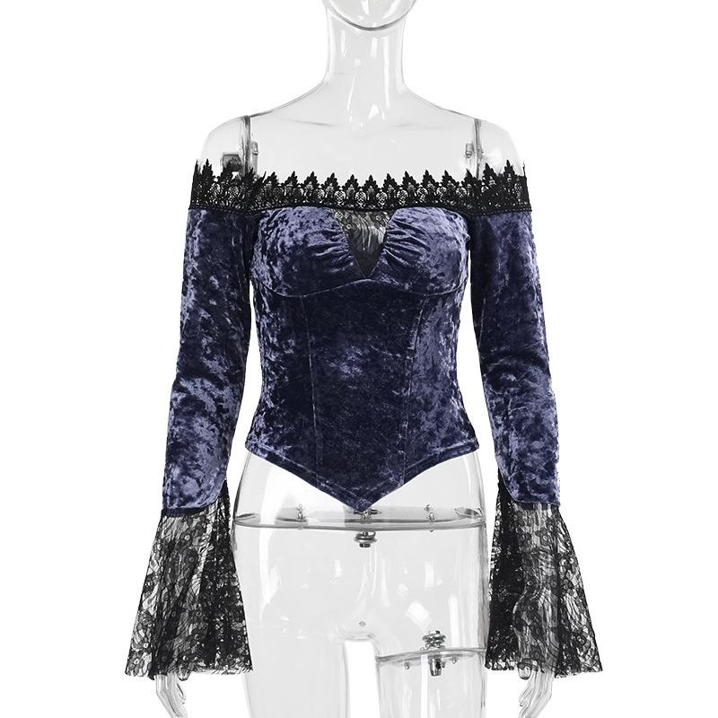 Off shoulder long flared sleeve velvet top