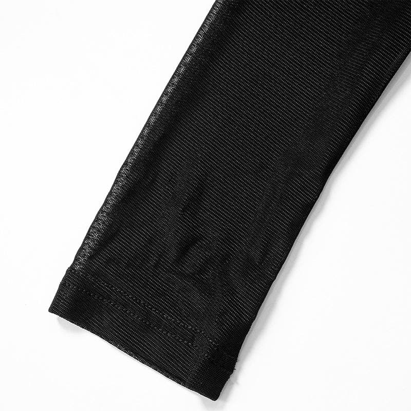 Long sleeve mesh patchwork crewneck gloves top