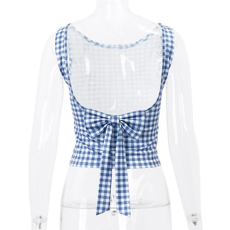 Sleeveless plaid contrast backless bowknot top
