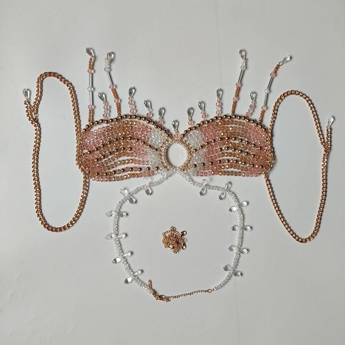 Halter crystal beaded tassels hollow out crop top