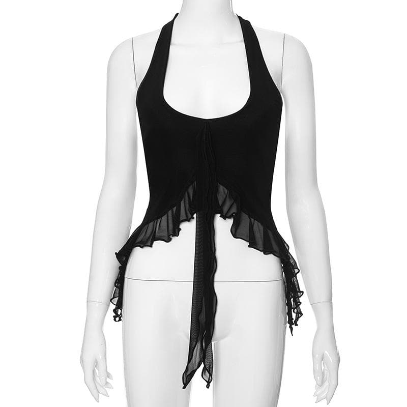 Halter ruffle u neck backless solid top