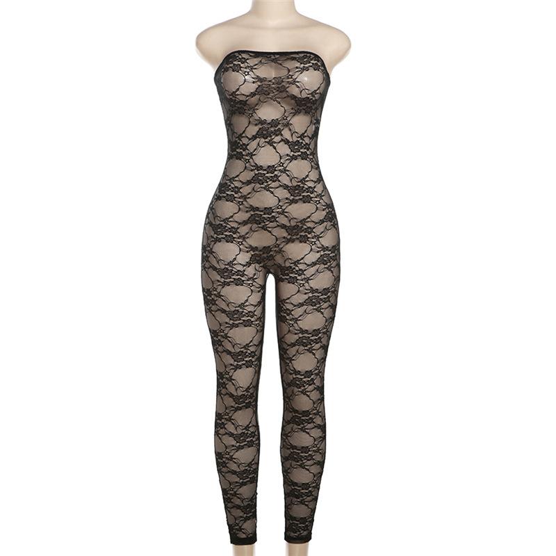 Lace see through solid tube jumpsuit