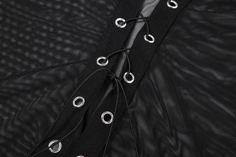 Turnover collar long sleeve mesh self tie top