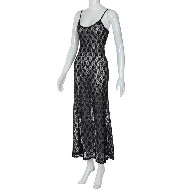 Lace see through hollow out cami cut out maxi dress