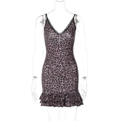 V neck leopard print lace hem ruffle cami mini dress