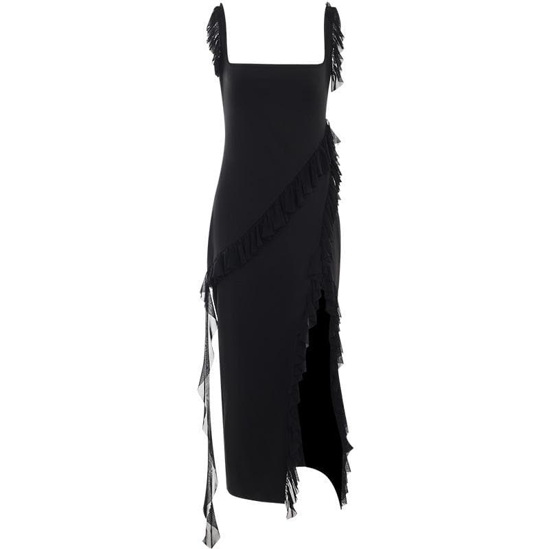 Ruffle cap sleeve slit square neck irregular solid maxi dress  | red tango dress
