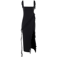 Ruffle cap sleeve slit square neck irregular solid maxi dress  | red tango dress
