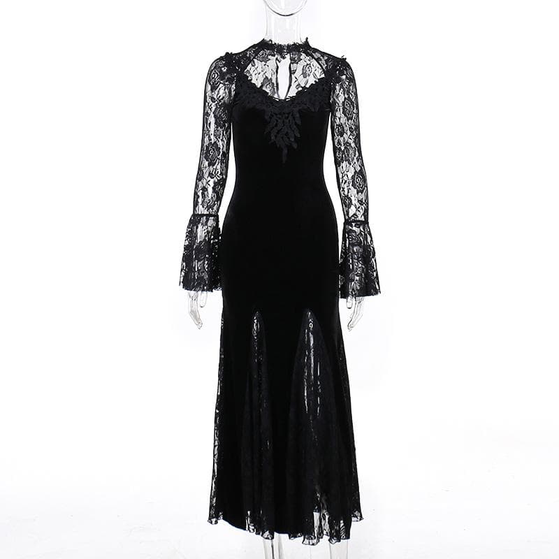 Long flared sleeve crewneck lace embroidery ruffle maxi dress  | red tango dress