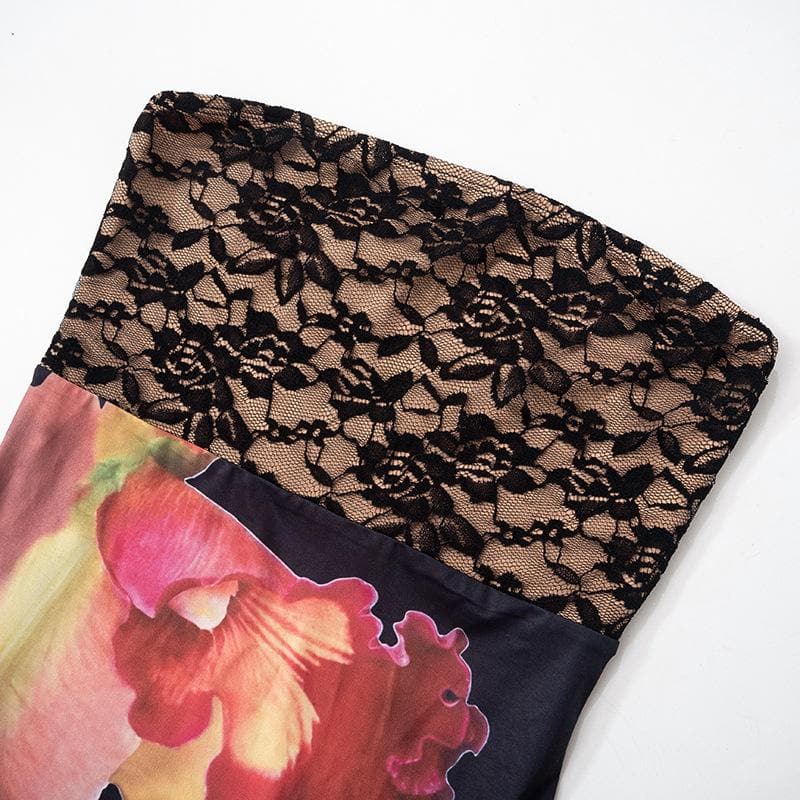 Lace flower print patchwork backless tube maxi dress