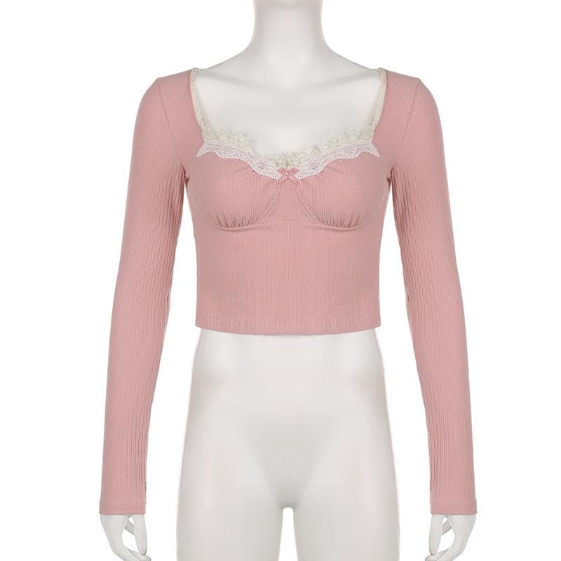 Ribbed lace hem long sleeve ruched contrast top