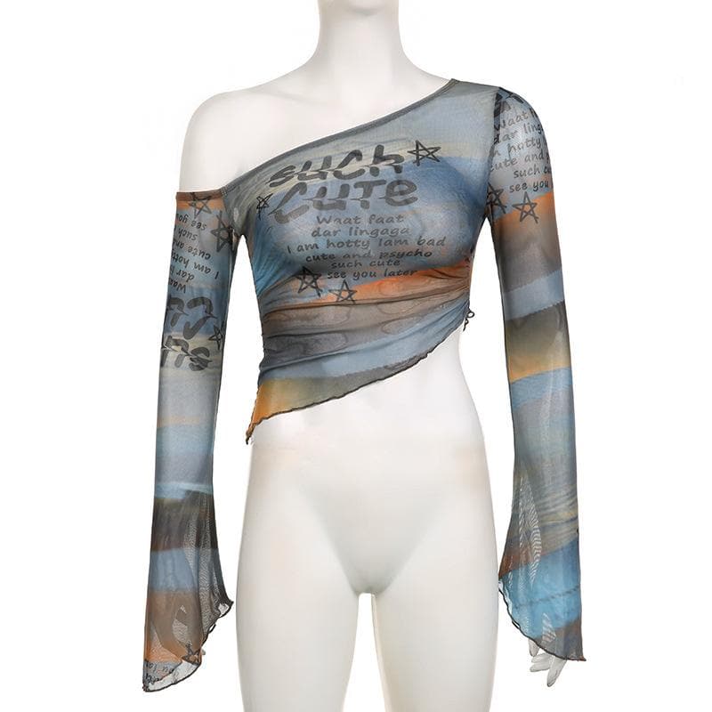 Sheer mesh see through off shoulder flared sleeve irregular contrast crop top