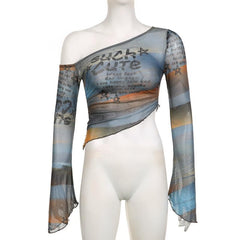 Sheer mesh see through off shoulder flared sleeve irregular contrast crop top