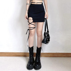 Hollow out metal chain self tie zip-up mini skirt