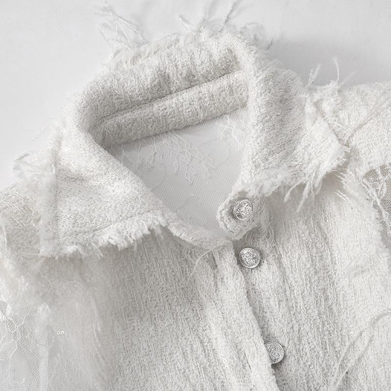 Turnover collar long sleeve lace button ruffle top